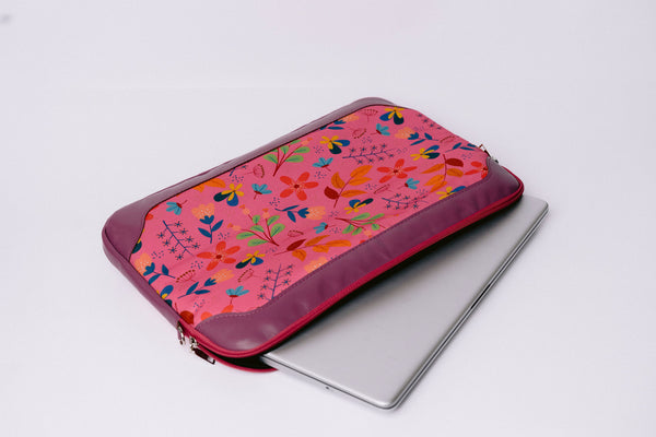 Floral Pink x Leather Laptop sleeve